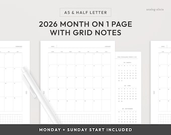 A5/Half Letter 2026 Month on 1 Page Printable Planner Insert | Monday & Sunday Start | MO1P Grid Monthly Layout (Digital Download)