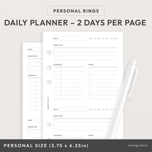 Persoonlijk 2 dagen per pagina dagelijks afdrukbaar met schema en takenlijst | Horizontale planner dagelijkse productiviteit 2DPP-01 | Persoonlijke ringen