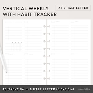 Puede incluir: Una página de planificador imprimible blanca con un diseño semanal vertical y un rastreador de hábitos. La página está diseñada para los tamaños A5 (148x210 mm) y media carta (5,5x8,5 pulgadas).