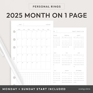 Personal 2025 Month on 1 Page Printable Planner Insert | Minimalist Grid Monthly Layout | Dated MO1P Monday & Sunday Start | Personal Rings