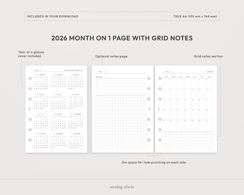 A6 2026 Month on 1 Page Printable Planner Insert | Monday & Sunday ...