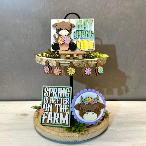 Highland Cow Spring tiered tray decor, 3d sign, Spring decor