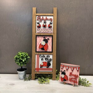 Full size Lady bug leaning ladder, interchangeable sign, farmhouse decor, ladder tiles, spring and summer decor, housewarming gift