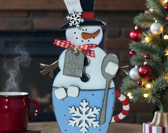 Cocoa cup snowman sign, winter and Christmas decor