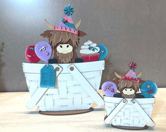 Birthday highland cow FULL AND MINI interchangeable basket, everyeday decor, seasonal, all baskets reversible