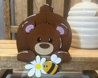 Bear and daisy shelf hanger, overhanging 3d sign, spring decor