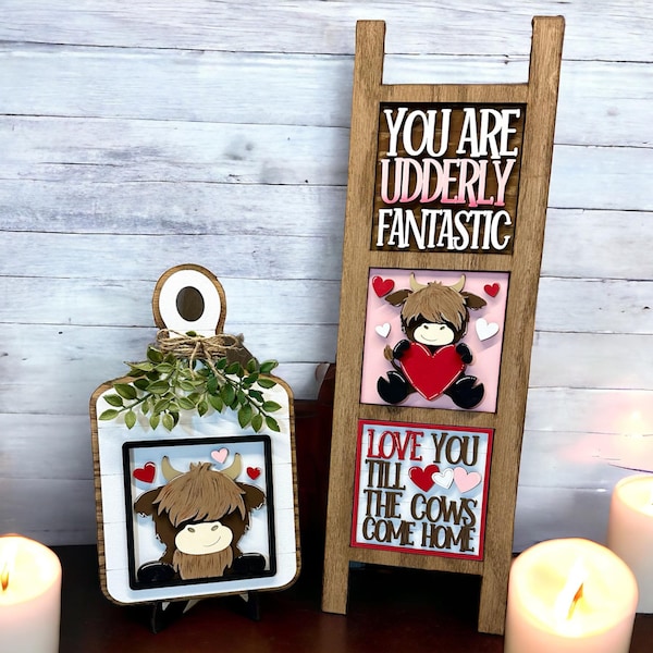 Full size Valentine's highland cow ladder inserts, seasonal decor, interchangeable signs