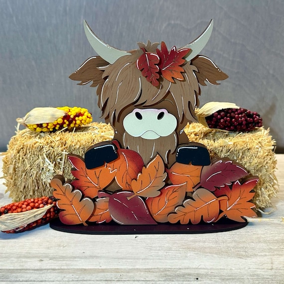 Fall Highland cow, Fall leaf decor, tiered tray decor