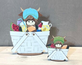 Summer treats highland cow FULL AND MINI interchangeable basket, summer decor, seasonal, all baskets reversible
