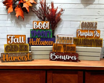 Fall word stacker signs, farmhouse style tray, seasonal decor