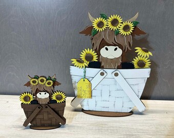 Sunflower Highland cow FULL AND MINI interchangeable basket, fall decor, seasonal, all baskets reversible