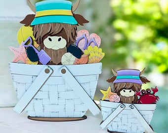 Summer beach highland cow FULL AND MINI interchangeable basket, summer decor, seasonal, all baskets reversible
