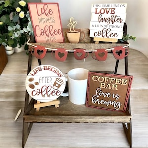 Coffee bar tiered tray decor, coffee signs, mini wood decor, tiered tray bundle, full painted tray set
