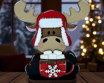 Small moose with hot cocoa, winter and Christmas decor