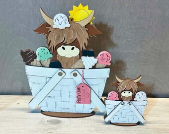 Summer ice cream highland cow FULL AND MINI interchangeable basket, summer decor, seasonal, all baskets reversible