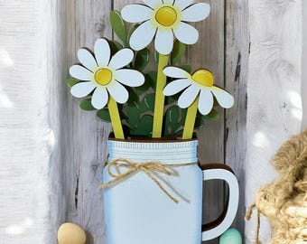Daisy interchangeable mug sticks, with or without holder, spring decor, mason jar interchangeable