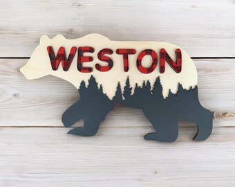 Paisaje de osos con letras de cuadros escoceses de búfalo cortadas en 3D, decoración infantil, decoración de vida silvestre, decoración para niños, letrero 3D, letrero personalizado