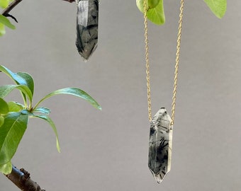 Black Rutile Tourmalinated necklace pendant, Quartz with Tourmaline Necklace,Pendant, Double Terminated Crystal, crystal point Necklace.