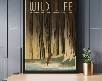 Wild life vintage print, national park vintage poster, nature inspired home decor, tree forest wall art, animal home decor, gifts for him