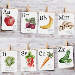 Watercolor Fruit Vegetable ABC Flashcards, Printable Alphabet Learning Cards (Digital Download)