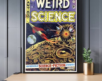 Weird science comic book poster print, vintage comic art print, science poster, trendy printable wall art, gifts for him, home wall decor