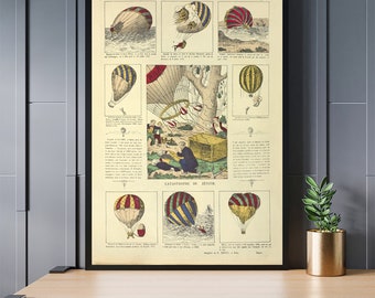 Vintage hot air balloon print, history of balloon accidents poster, vintage drawing wall decor, gifts for him, printable wall art poster