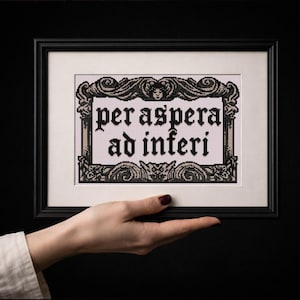 May include: A framed cross-stitch artwork featuring the Latin phrase "per aspera ad inferi" in black gothic lettering. The piece is framed in a black frame with a white mount, set against a black backdrop.