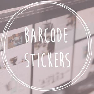 May include: A computer screen shows the text "BARCODE STICKERS" in a white, rounded font, framed by a white circle. The background has a soft pink hue, with a blurred view of a design program or website.