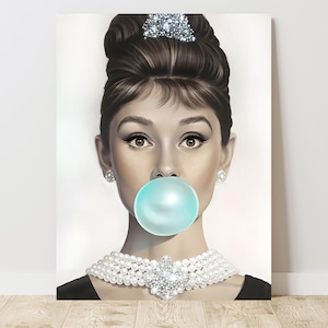 May include: A digital illustration of a woman with a classic updo and pearl necklace blowing a blue bubble. The woman's eyes are heavily made up with dark eyeliner and mascara.