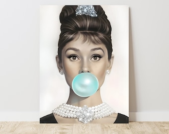 May include: A digital illustration of a woman with a classic updo and pearl necklace blowing a blue bubble. The woman's eyes are heavily made up with dark eyeliner and mascara.