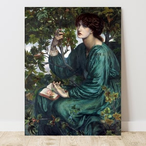 May include: A painting of a woman in a green dress sitting in a forest. She is holding a book and a flower. The background is a lush green forest with trees and leaves.