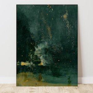 May include: A painting of a dark green night sky with a faint glow of light in the distance. The sky is dotted with small, white stars.
