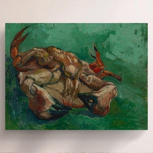 May include: A close-up of a painting of a crab on a green background. The crab is painted in a realistic style, with its claws and legs visible. The painting is done in a style reminiscent of Vincent van Gogh.