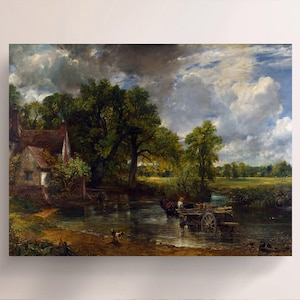 May include: A painting of a rural landscape with a cottage, a river, and a horse-drawn cart crossing the water. The sky is cloudy and the trees are green.