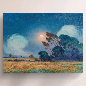 May include: An impressionistic landscape painting depicts a moonlit night over a wheat field. The artwork features a windmill, a small house, and trees, all under a swirling, dark blue sky. The moon glows brightly, casting a warm light.
