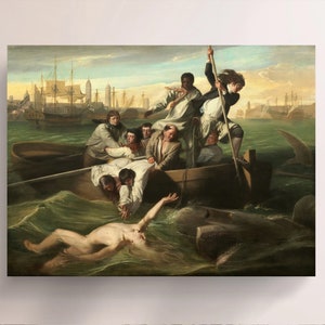 May include: A painting depicting a group of men in a boat being attacked by a shark. The men are trying to fend off the shark with oars and a spear. The scene is set in a harbor with ships in the background.