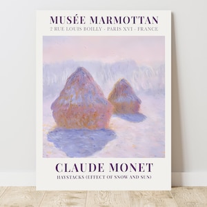 May include: A painting by Claude Monet titled "Haystacks (Effect of Snow and Sun)" depicting two haystacks covered in snow in a field. The painting is on display at the Musée Marmottan in Paris, France.