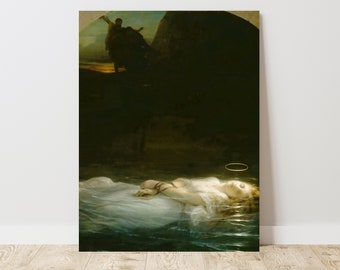 May include: A painting depicting a woman lying in a body of water. She is wearing a white dress and has a halo above her head. The background is dark and shadowy, with a figure on horseback in the distance.