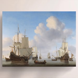 Willem van de Velde el Joven, Barcos holandeses en calma (1665), Vintage Canvas Art Print J_790