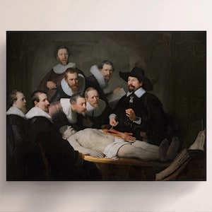 May include: A group of men in 17th-century clothing gather around a table, observing a dissection of a human body. The main figure, wearing a black hat and coat, points to the exposed muscles of the arm with a tool. The scene is lit by a single light source, casting shadows on the walls and figures.
