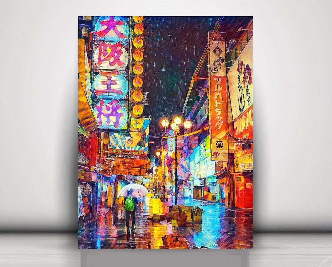 Osaka Street in Rain Canvas Art: Ando Sasaki Style Painting - Etsy