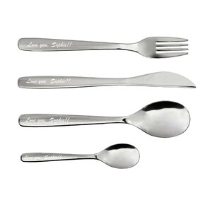 May include: A set of four silver utensils with the words "Love you. Sophie!!" engraved on each piece. The set includes a fork, knife, and two spoons.