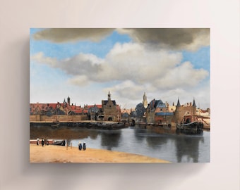 May include: A painting depicting a Dutch cityscape with a river in the foreground. The city is built along the river with buildings in shades of red, brown, and gray. The sky is a light blue with fluffy white clouds. There are several small boats on the river.