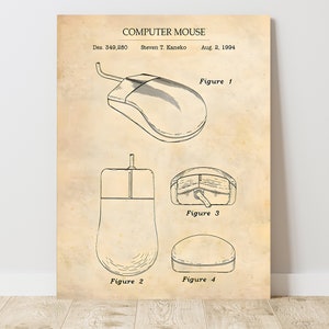 May include: A vintage patent drawing for a computer mouse. The drawing shows four different views of the mouse, including a top view, a side view, and a bottom view. The patent number is Des. 349,280 and the inventor is Steven T. Kaneko. The patent date is August 2, 1994.