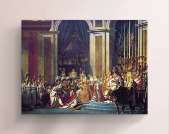 May include: A painting depicting a historical scene with a large group of people in formal attire. The central figure is a man in a red and gold robe, being crowned by a man in a white robe. The scene is set in a grand hall with columns and arches.