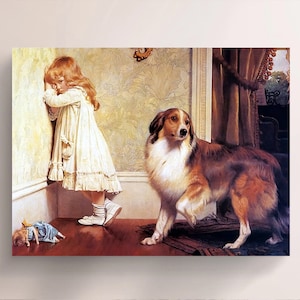 May include: A young girl in a white dress stands in a corner, looking down at a doll on the floor. A brown and white dog stands behind her, looking at the girl.