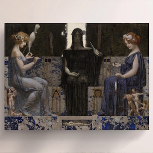 May include: A painting depicting three women, two seated and one standing, in a dark, mystical setting. The standing woman is draped in black and holds a string in her hands. The seated women are dressed in blue and white robes and appear to be spinning yarn. The background features a tiled wall with geometric patterns.
