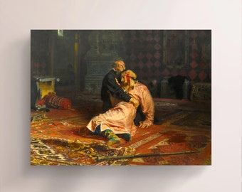 May include: A painting depicting a scene of a man kneeling over another man who is lying on the floor. The man kneeling is wearing a dark robe and the man lying on the floor is wearing a light robe. The scene is set in a room with a patterned rug and a chest in the background.