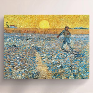May include: A painting of a lone figure walking through a field of blue flowers at sunset. The sun is a bright yellow circle in the sky, and the figure is wearing a blue shirt and pants. The field is painted in a swirling, impressionistic style.