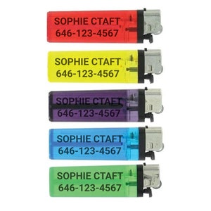 May include: Five lighters with different colored bodies, each with the text "SOPHIE CTAFT 646-123-4567" printed on them. The lighters are red, yellow, purple, blue, and green.